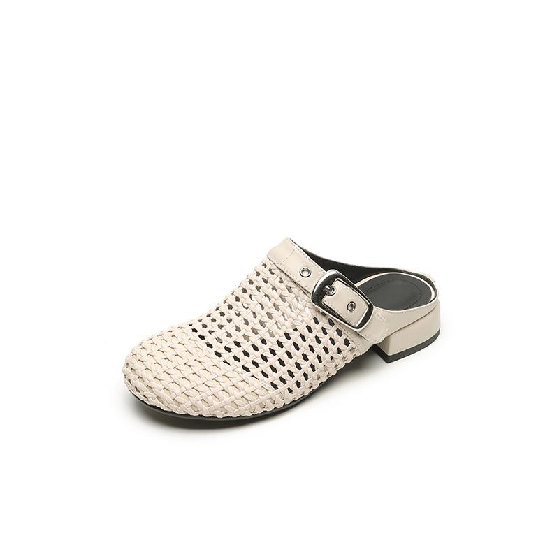 Design sense Roman woven hollow bag head cool slippers 2025 summer new wear round head thick heel muller shoes women