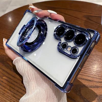 Vierhoek Luchtvering Anti-Val Transparant Gegalvaniseerd Magnetische Stand Beschermhoes Voor Samsung Galaxy S23 S22 S24 Ultra