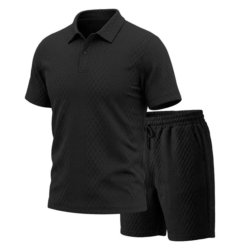 Men's Summer Jacquard Polo Shirt and Shorts Set Casual Loose Fit Lapel Collar 2-Piece Outfit