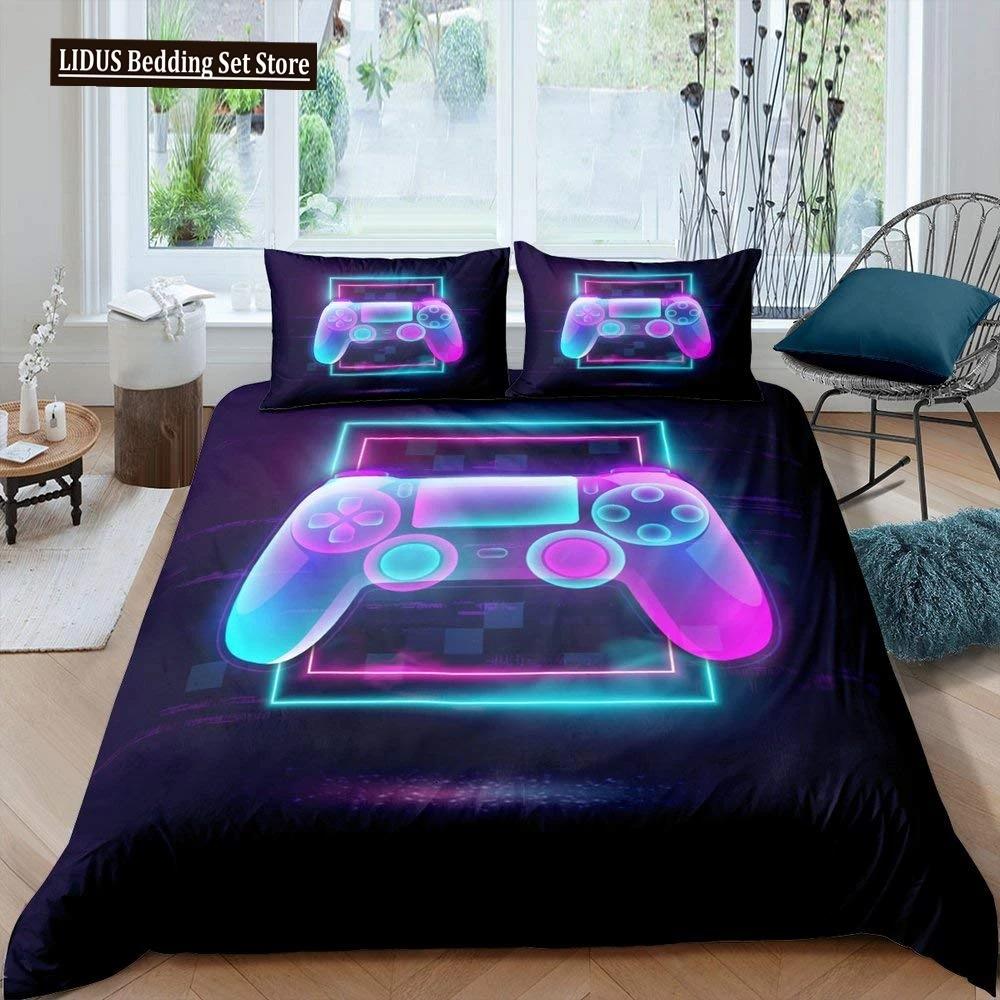 Gaming Duvet Cover Set King Size Gamer Comforter Cover Set Video Game Boys Teens Kids Gamepad Game Controller 3pcs Bedding Set
