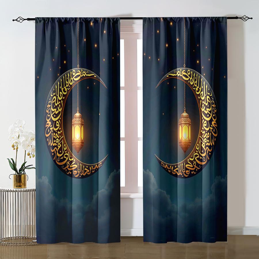 Set Of 2 Islamic Moon Lamp Calligraphy Curtains Flat Printing Ramadan Eid Decoration Suitable Bedroom Living Room Wind Made Polyester Area Window