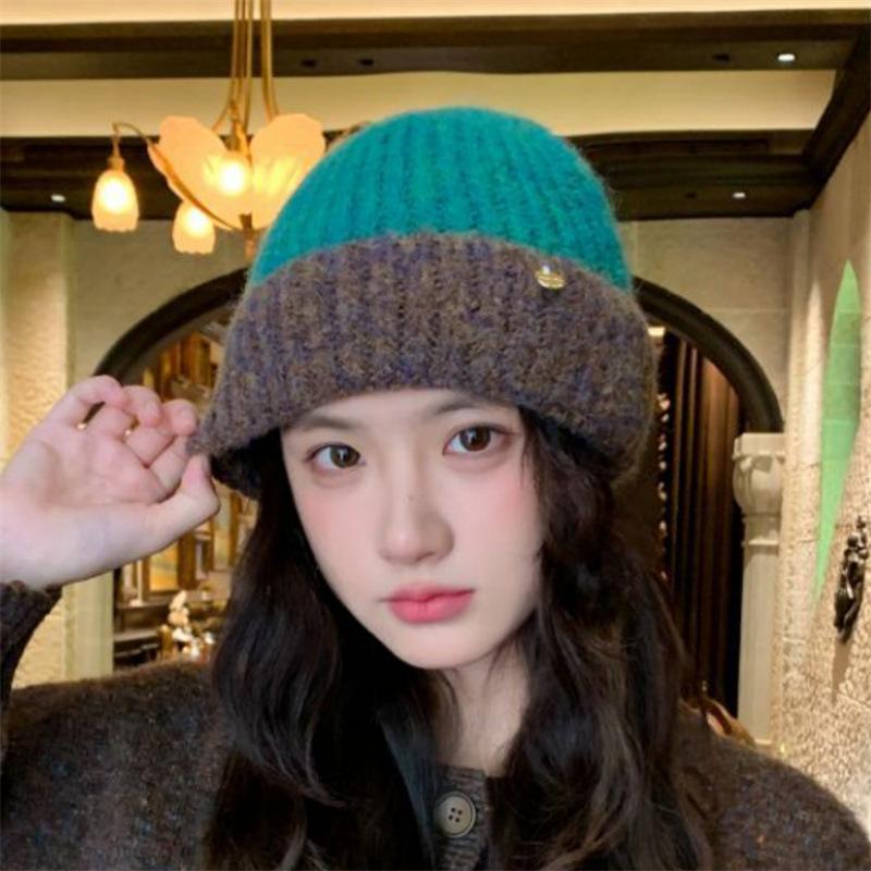 Autumn and winter color matching wool hat female winter couple cold-proof knitted hat versatile thermal ear protection hat shopping cold hat