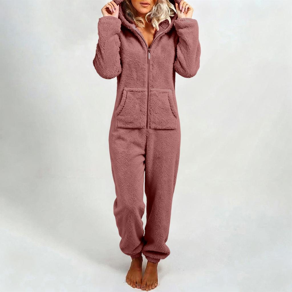 Women's Fashion Fleece-Lined Thickened Fleece Hooded Pyjamas With Zip-Up Onesie