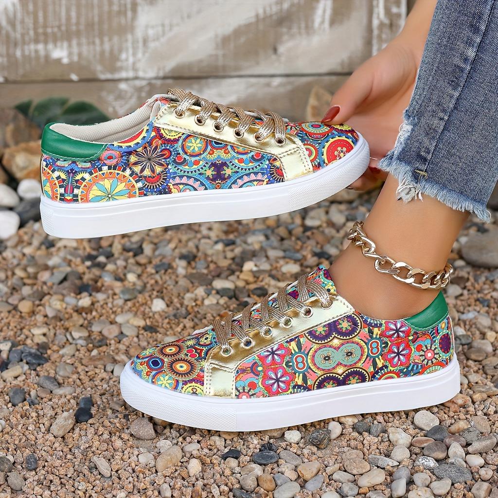 Comfortable Plus Size Women's Fashion Sneakers - Breathable Fabric, Floral Print, Lace-Up Low Tops with Non-Slip PU Cover Sole