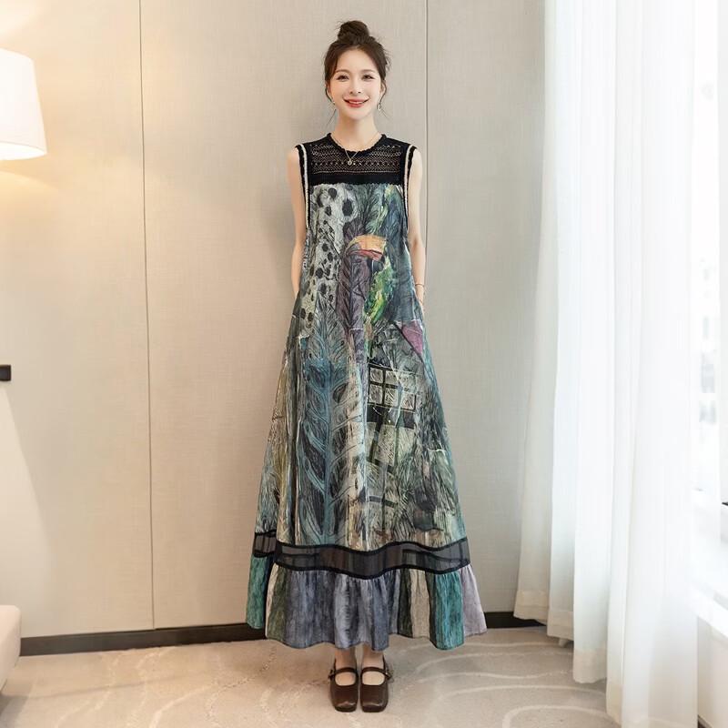 Women's Printed Sleeveless Lyocell Linen Blend Maxi Dress