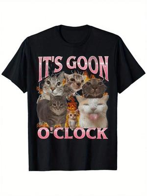 It's Goon O'Clock Laughing Cat Meme Pure Cotton T-shirt Men and Women with The Same Round Neck Cotton Short-sleeved T-shirt