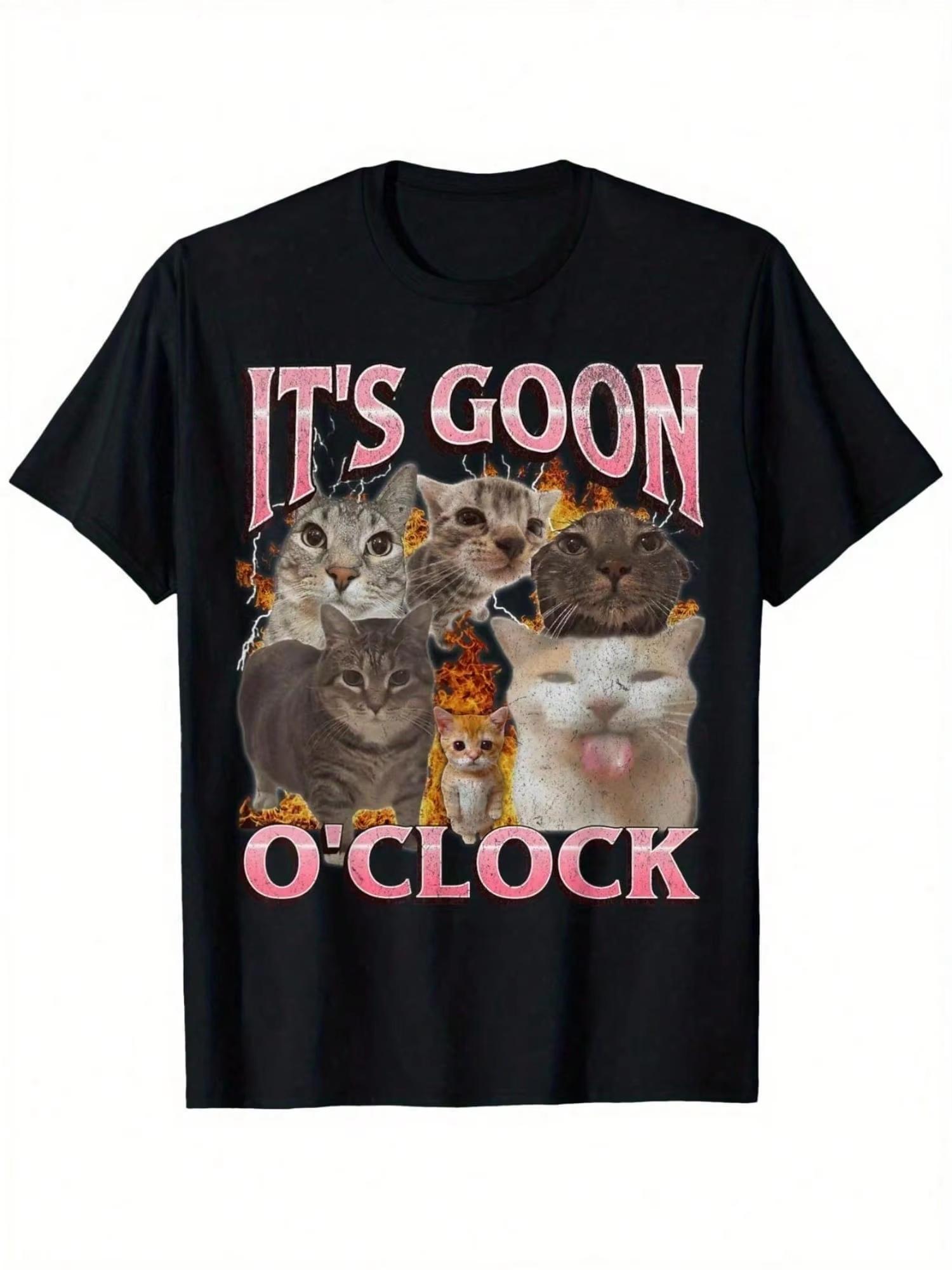

It s Goon O Clock Laughing Cat Meme Pure Cotton T-shirt Men and Women with The Same Round Neck Cotton Short-sleeved T-shirt 4XL