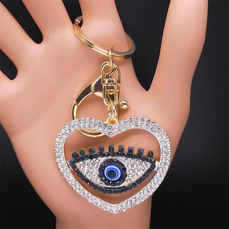 Sweet Pink Crystal Love Heart Evil Blue Eye Key Chain for Women Men Alloy Gold Color Turkish Eyes Hollow Keyring Jewelry Gifts