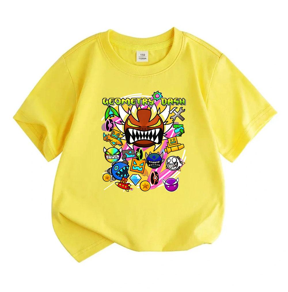 Kids Boys Girls 100% Cotton Crew Neck Short Sleeve T-Shirt, Geometry Game Cartoon Print Casual Summer Tee for Children Daily Wear Active Tops