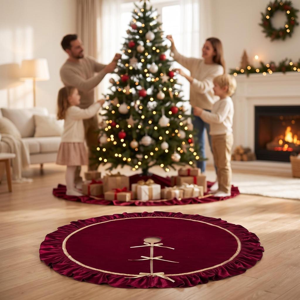 Christmas Tree Skirt with Gold Trim Ruched for Living Room, Hotel Lobby