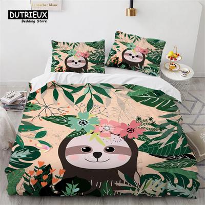 Niedlicher Faultier Bettbezug Einzelbett Cartoon Tier Bettwäsche Set Mikrofaser Floral Blätter Steppdeckenbezug Für Teenager Mädchen Jungen Kawaii Raumdeko