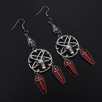 Vintage Goth Gothic Punk Ancient Silver Colour Pentagram Antelope Skull Coffin Cross Earrings Aesthetic Grunge Y2k Jewelry