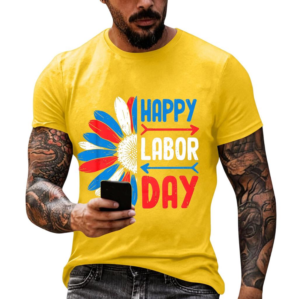 Men's Casual Loose Fit Short Sleeve T-Shirt Crew Neck Printed Graphic Tee for Labor Day Celebration Comfortable Everyday Wear