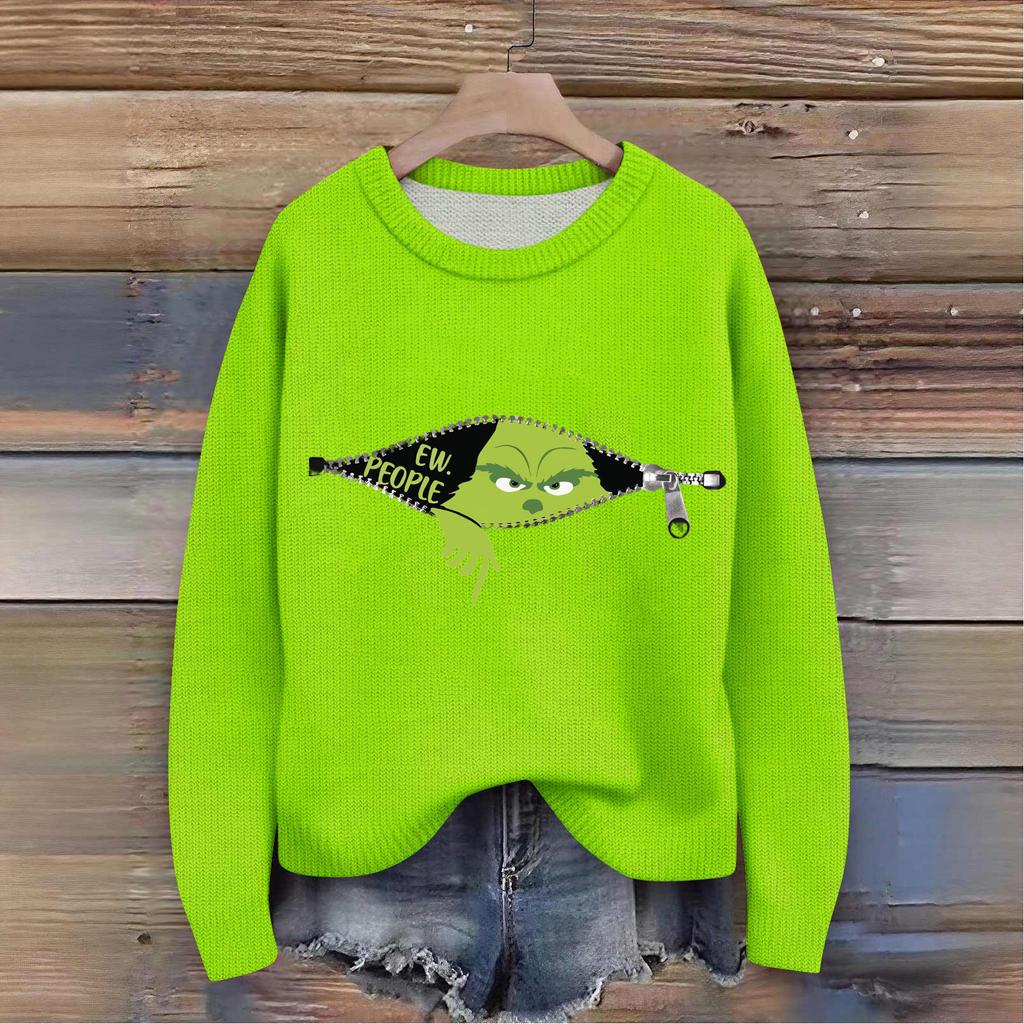 Long Sleeve Pullover Sweaters For Women O Neck Casual Cute Printing Knit Oversized Sweater