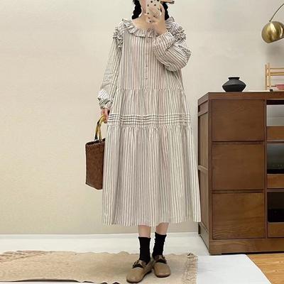 Abito Pressato a Righe Fungo Giapponese Primavera Largo Patchwork Volant Mori Casual Abiti da Donna