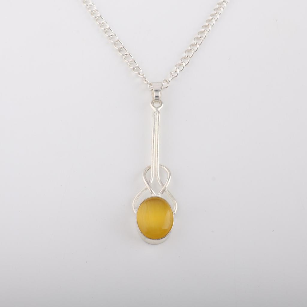 Yellow Cat's Eye Gemstone 925 Sterling Silver Jewelry Pendant 1.79" For Women PP-60-48