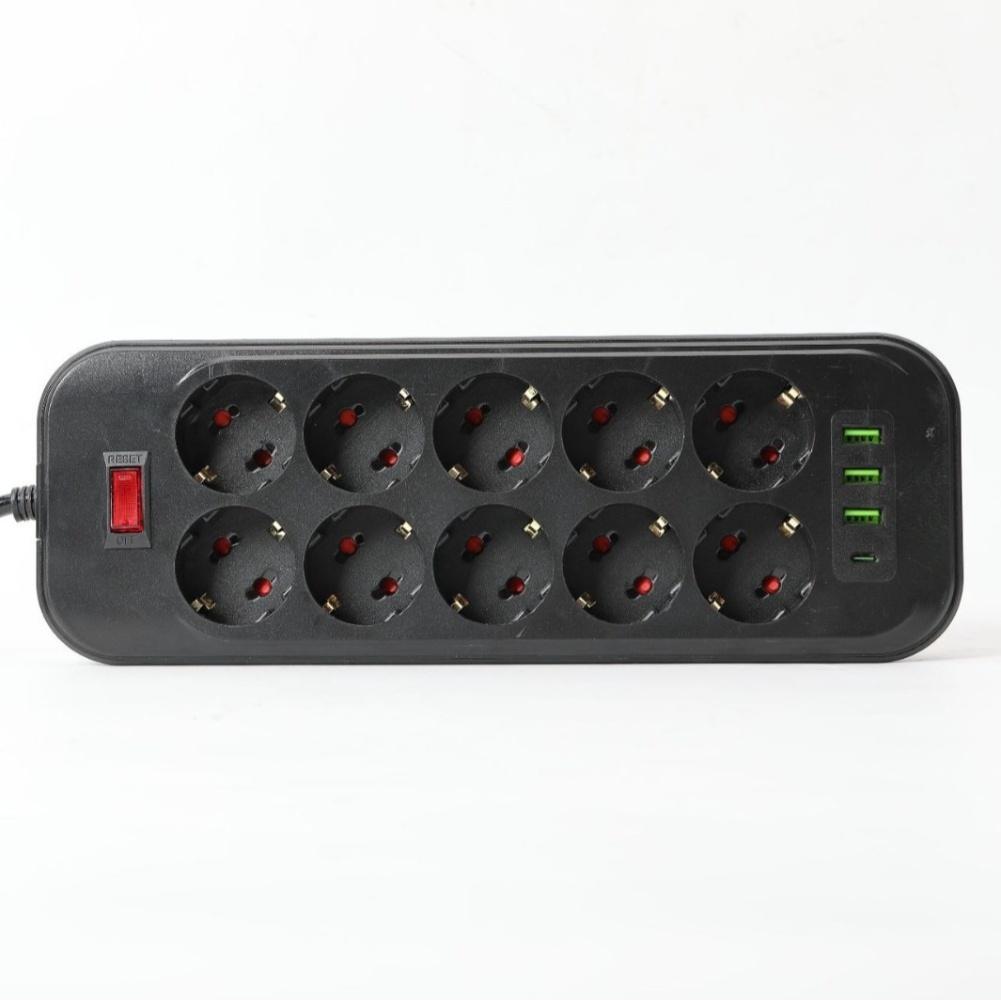 Surge Protector EU 10-Outlet Strip Built-in USB Ports Surge Protection Overload Protection Space-saving Layout