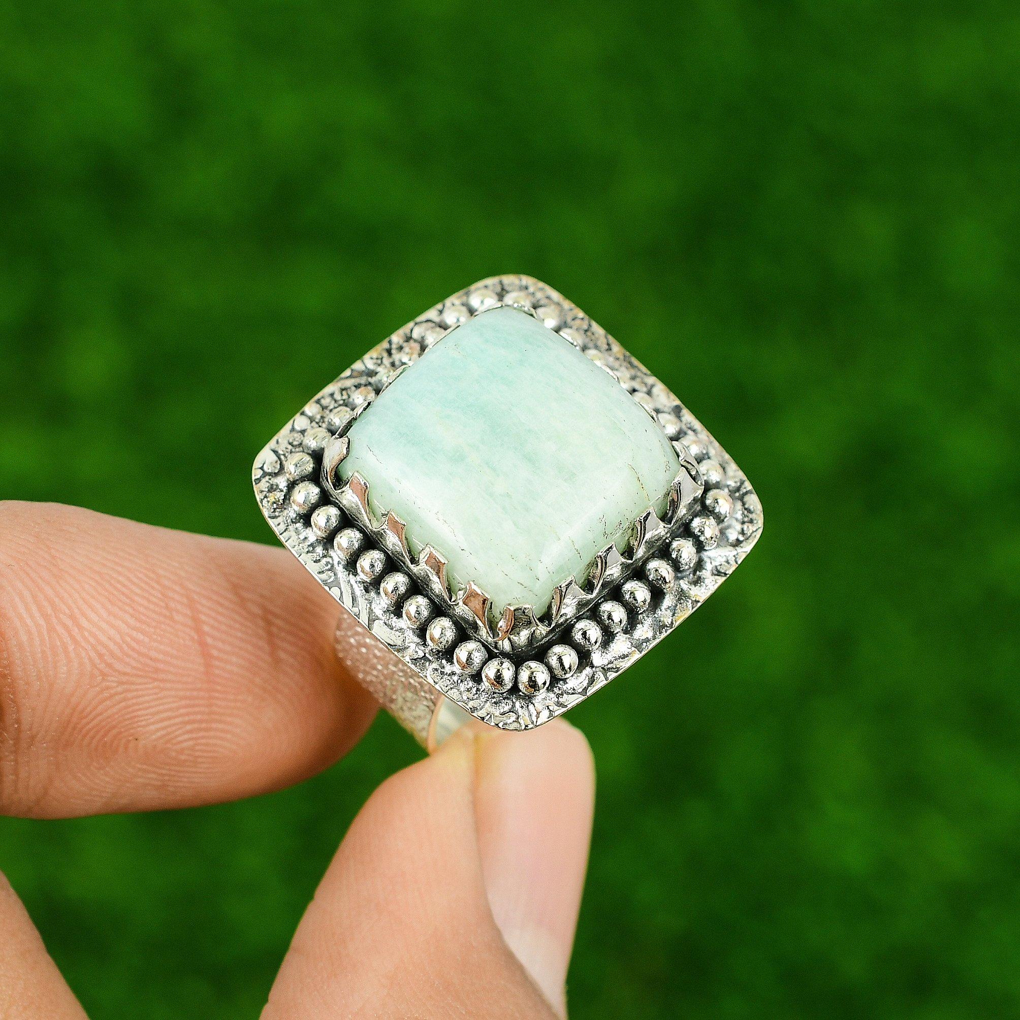 

Натуральный Амазонит Безель Штабелируемое Этническое Кольцо Ювелирное Изделие 925 Стерлинговое Серебро США 9.5 9.5