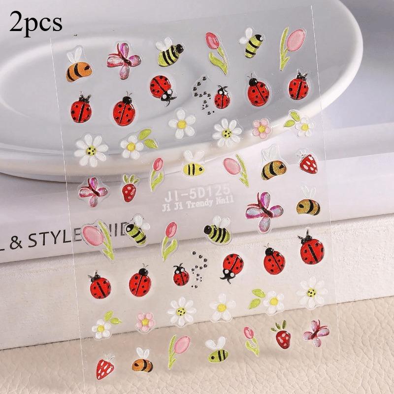 

5D Embossed Kawaii Ladybug Sliders White Daisy Flowers Nail Stickers DIY Simple Petals Wedding Nails Decals Accesories