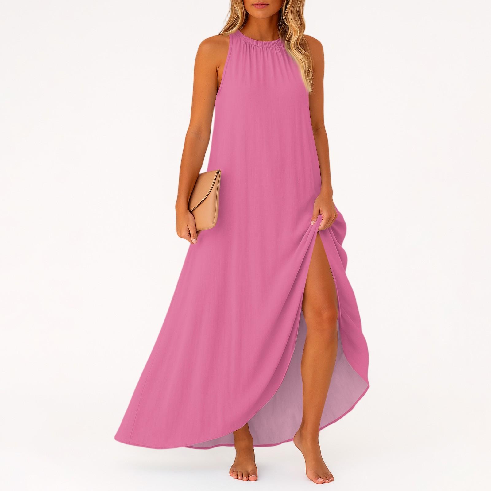 

Women s Casual And Fashionable Round-neck Sleeveless Mid Length Dress L рожевий