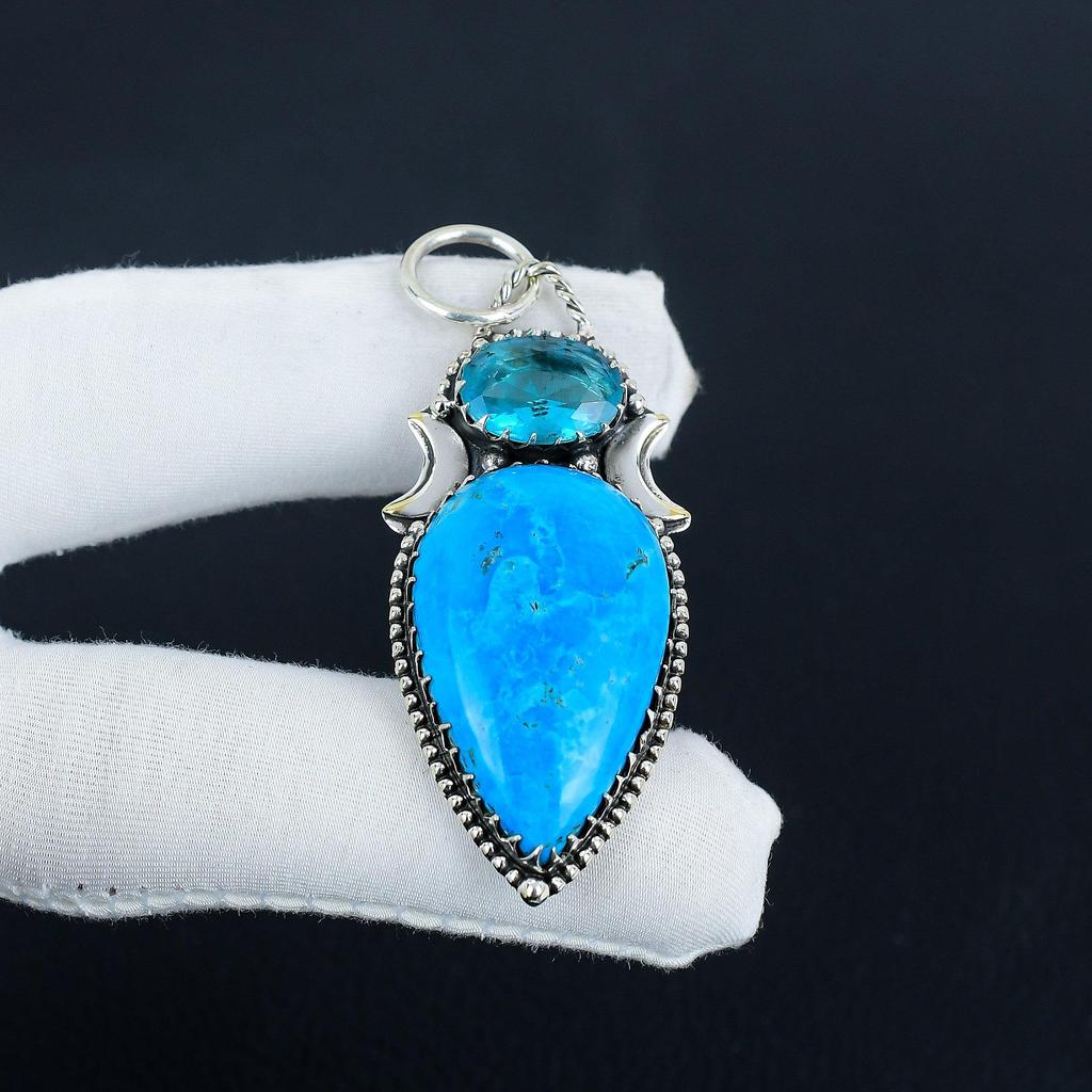 Natural Sleeping Beauty Turquoise, Blue Topaz Gemstone Silver Pendant In 925 Sterling Silver - Handmade Design, Everyday Wear Jewelry Gift For Her