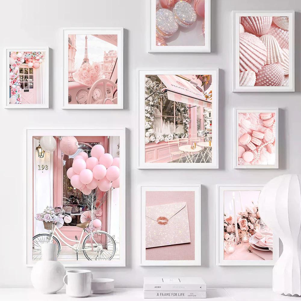 Pink Modern City Wall Art Plakát Tisk Květina Balón Móda Pařížská věž Obraz na plátně Dekorace Obraz pro domácí dekoraci