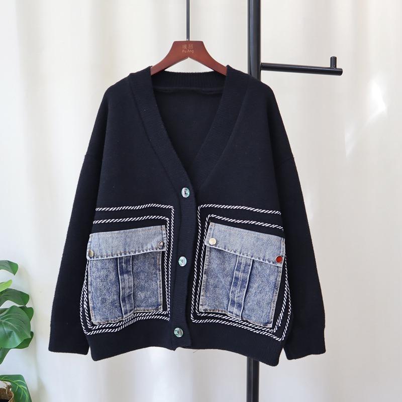 Autumn and winter new splicing denim pocket knitted double-sided woolen cardigan casual loose versatile sweater jacket women
