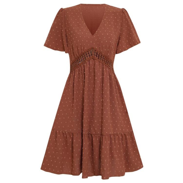 A-Line High Waist Above Knee Solid Color V-Neck Short Sleeve Women Casual Dress Spring Summer Lotus Leaf Design S-XL