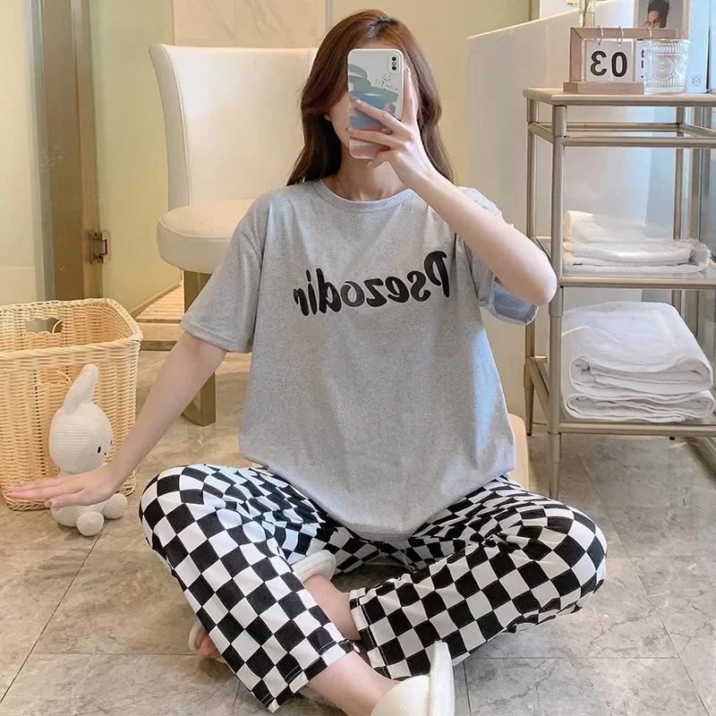 

2 шт./компл. Мультяшная пижама с мишкой, женская, с коротким рукавом, длинные брюки, ночная одежда для студентов колледжа, домашняя одежда, клетчатая с буквами, пижама для девочек onesize(40-70kg)