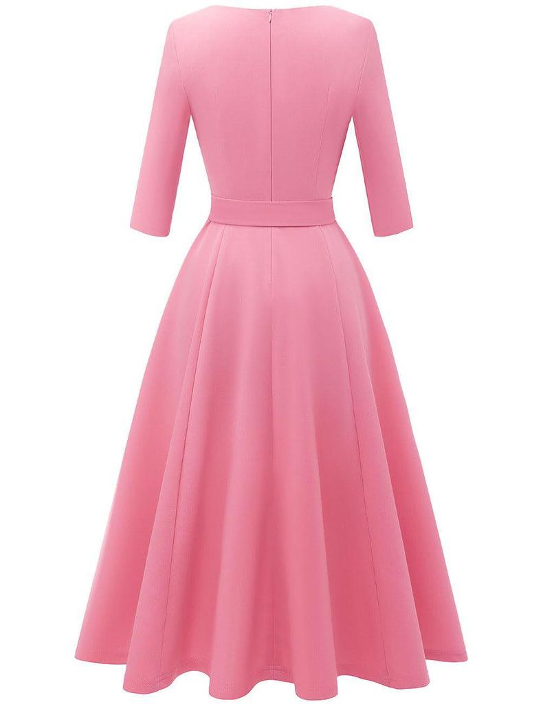 Garden Collar Seven-Sleeve Women's Evening Gown with Wide Hem Skirt - Solid Color Vacation Dress