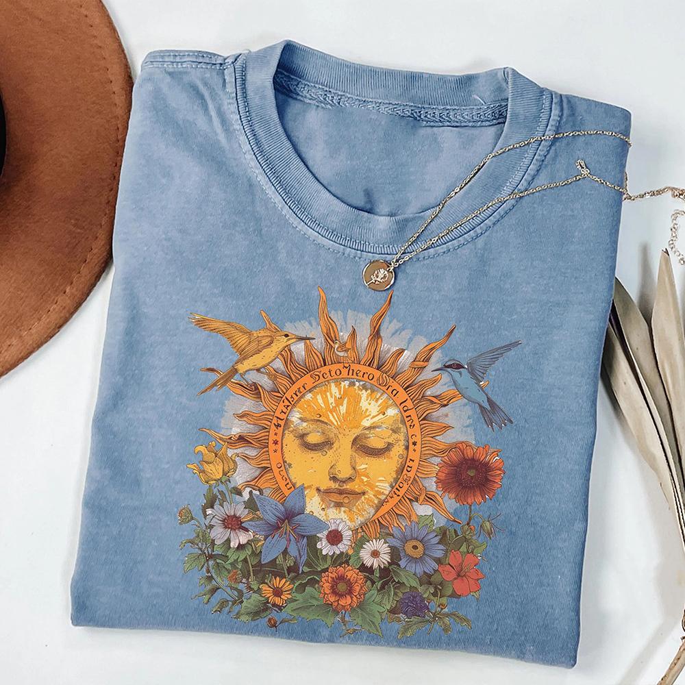 Women Boho Mystical Sun TShirt Nature Bohemian Cute Floral Sun Tee Dark Acedemia Unisex Y2K Shirt Hippy Gift For Her Streetwear