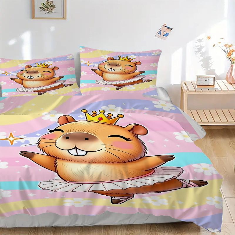 

3PCs Capybara Princess Design Cover Set, Breathable Fabric, Machine Washable (1 Duvet Cover + 2 Pillowcases) (Without Quilt) yy250911182 135x200cm