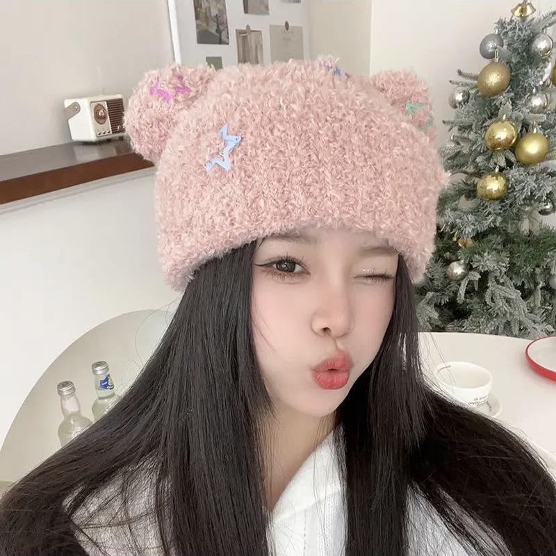 Neue Winterpullovermütze im koreanischen Stil mit süßem Bären, verdickte Strickmütze für Frauen, warme Plüsch-Strickmütze, um kleines Gesicht zu zeigen