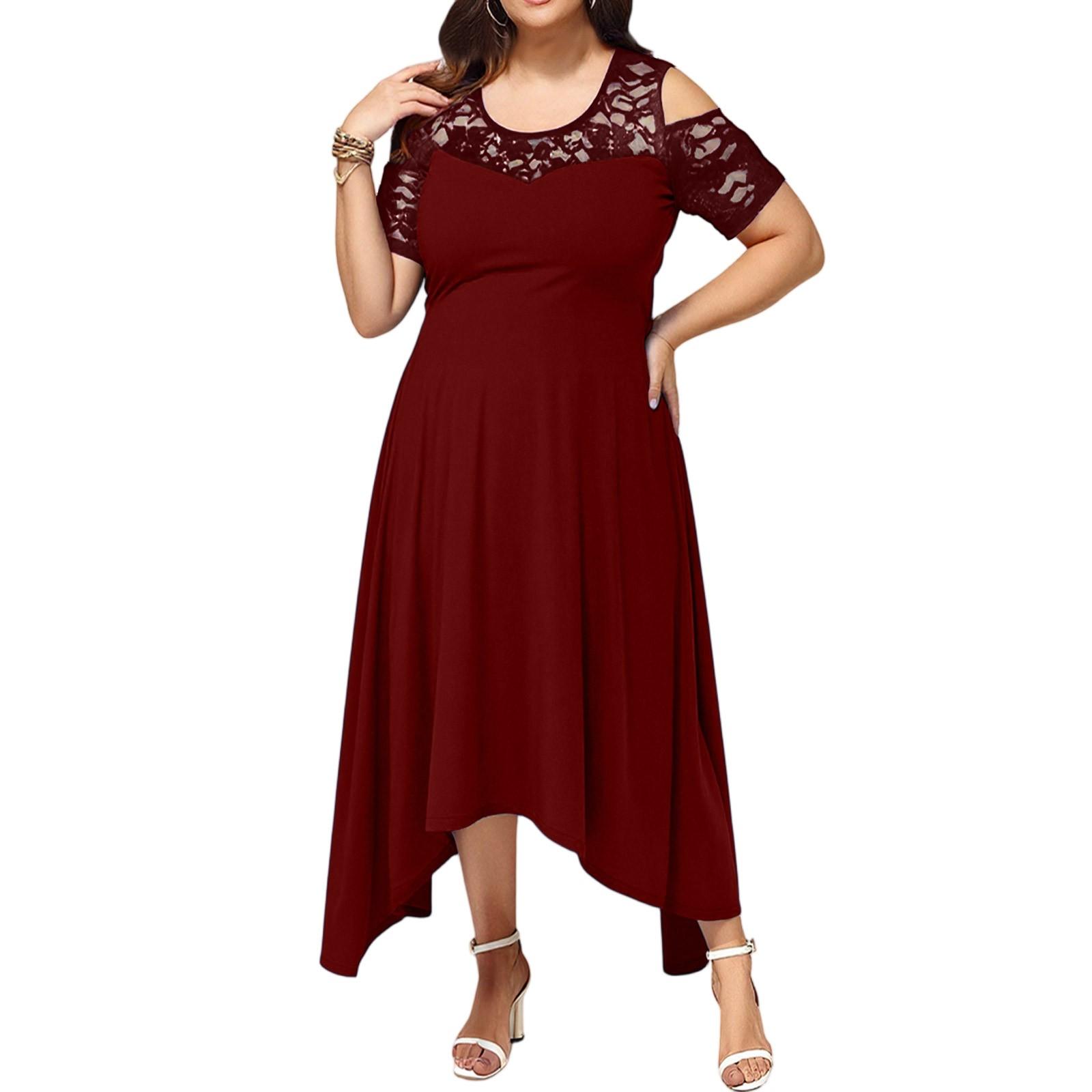 

Женское летнее платье с открытыми плечами, кружевной отделкой, элегантное, оверсайз, однотонное XXXL винный