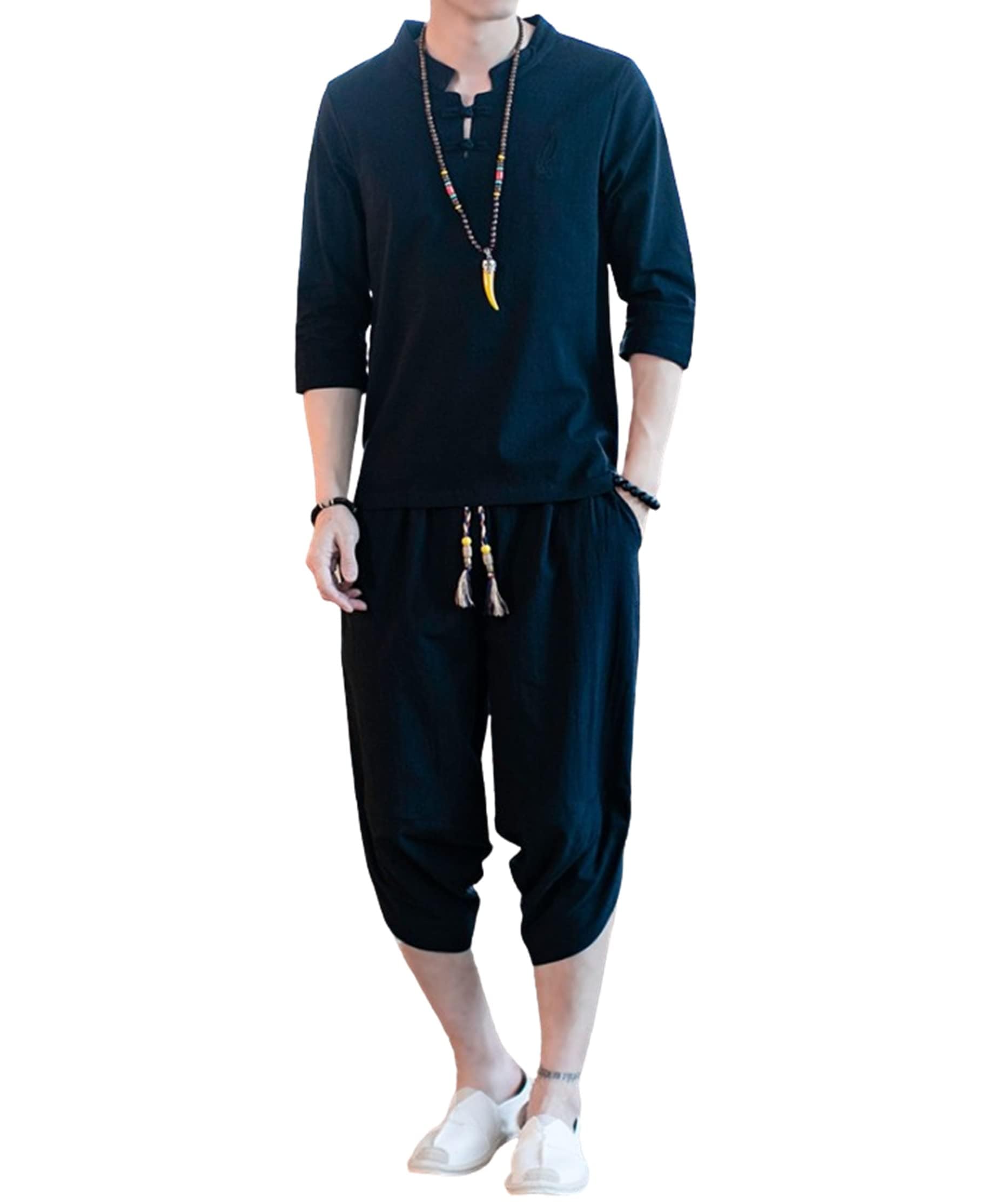 Jinbei Samue Yukata Linen Flax Summer Festival Fireworks Competition Shijira Weave Plus Size Set Up Embroidery [CosMisty] Men s Short-Sleeved Men s чёрный