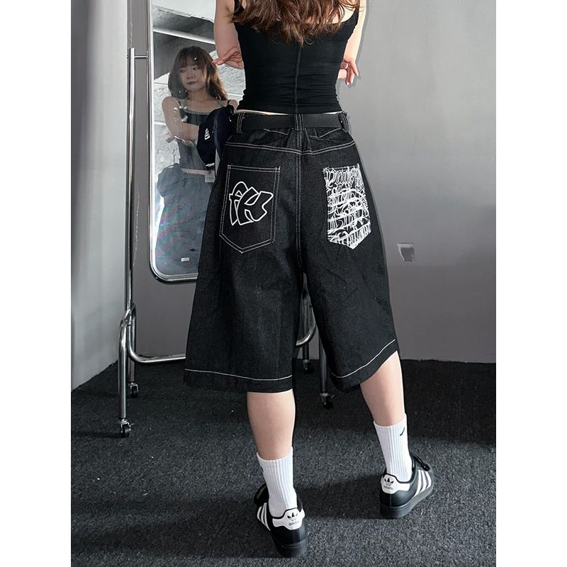 

Plus size American High Street Vibe Retro Demin shorts Women New Loose Straight High Waist Slimming Casual Cropped Pants Black 4XL