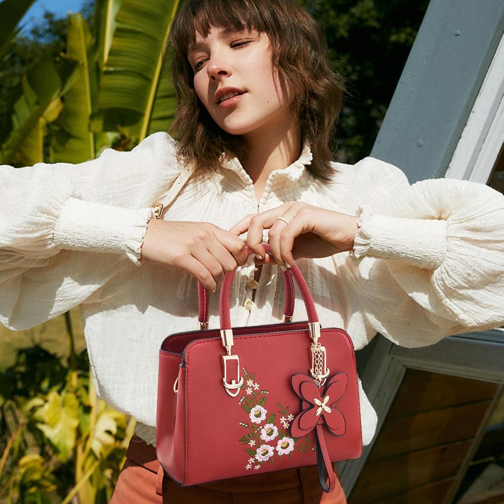 NICOLE & DORIS Women's 2-Way Shoulder Bag, PU Leather with Floral Embroidery, Waterproof, Lightweight, Can be Carried Over the Shoulder, Handbag, or