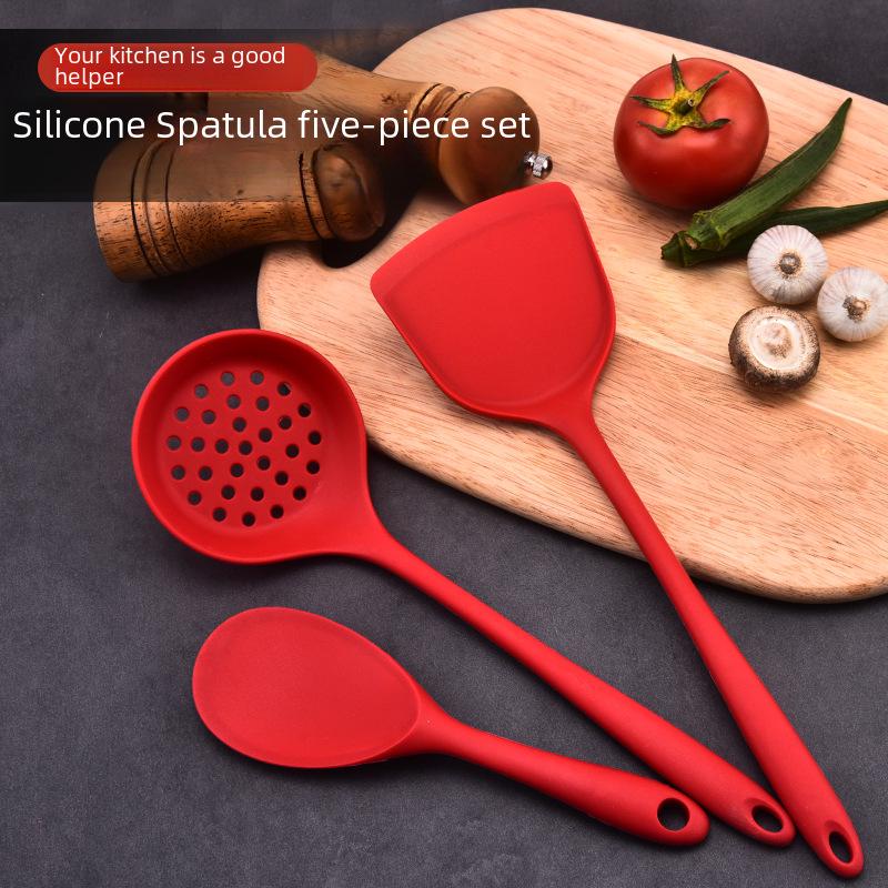 Silicone Heat-Resistant Non-Stick Kitchen Utensil Set: Spatula, Spoon, Colander - 5 Pieces