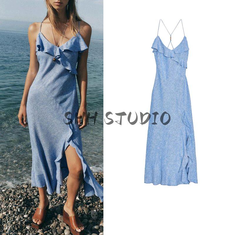 Summer New Product Women Clothes Holiday Style V-neck Linen Blend Laminated Decoration Sling Dress 7953757