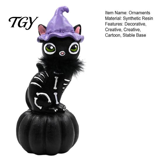Creative Halloween Home Accents Pumpkin Witch Hat Black Cat Ornament, Resin Desktop Skeleton Festive Holiday Showcase Decor Statue, Cartoon