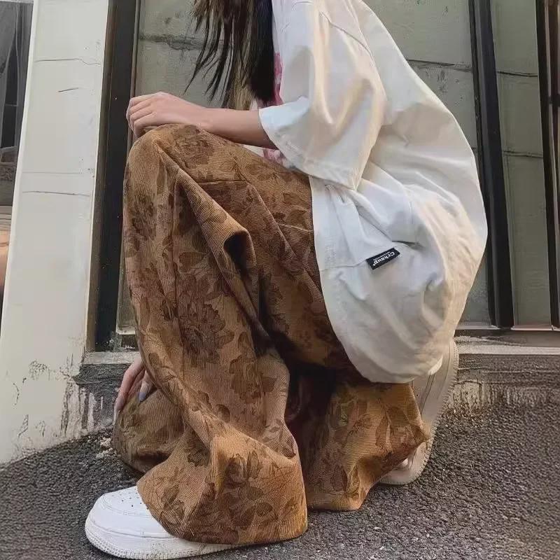 Unisex Corduroy Retro Wide-Leg Printed Pants