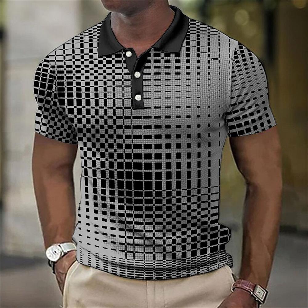 Men'S Simple Plaid 3D Digital Printing Business Casual Short-Sleeved Lapel Polo Shirt