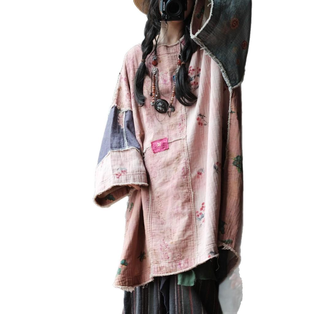 Little Mud Girl Retro Patchwork Robe with Artistic Round Neck