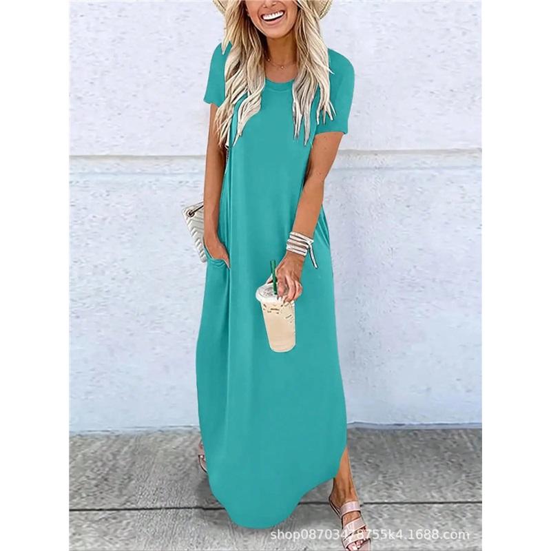 Women Short Sleeve Long Dress With Pockets Casual Oversized Round Neck Beach Dress Female Split Loose Fit Summer Dress Vestidos