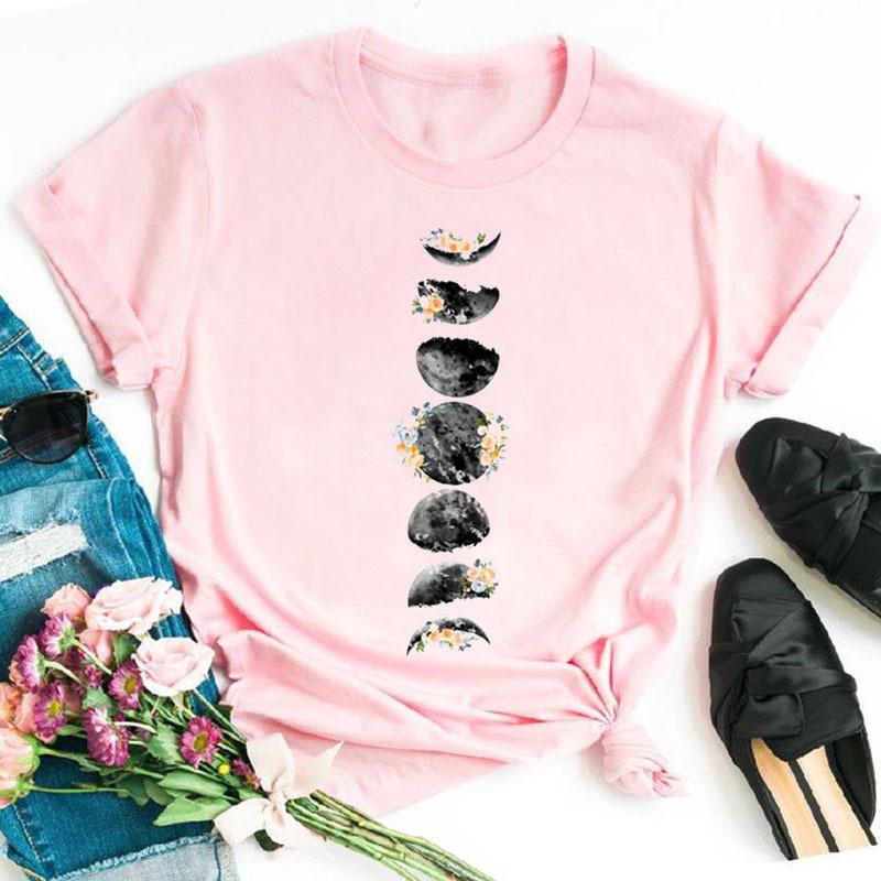 Summer Fashion Printed Moon Moon Eclipse Loose Half Sleeve Letter Cotton T-Shirts Women’s