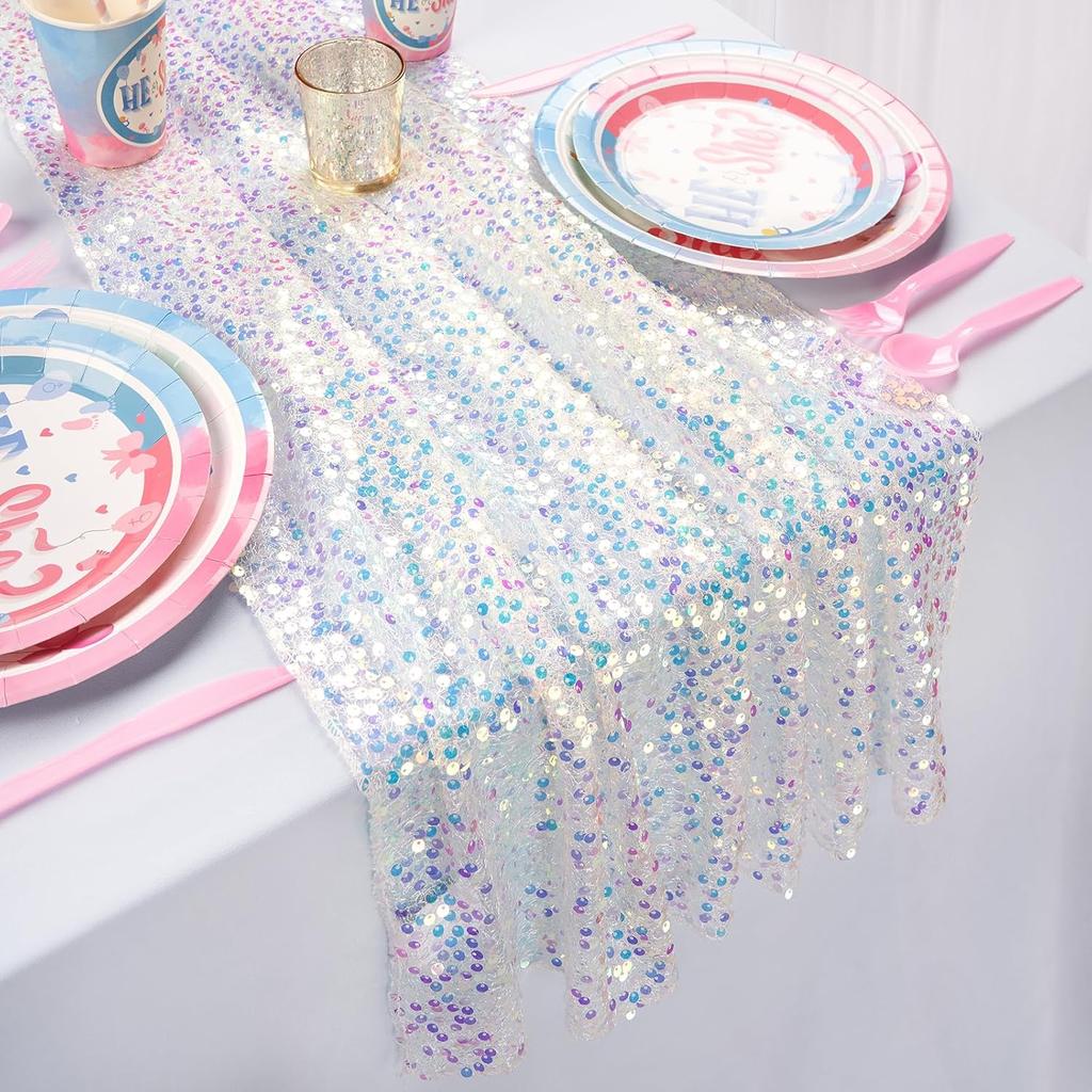 Iridescent Sequin Table Runner, Glitter Sequin Table Runner for Mermaid Birthday Indoor Outdoor Wedding Birthday Party Supplies