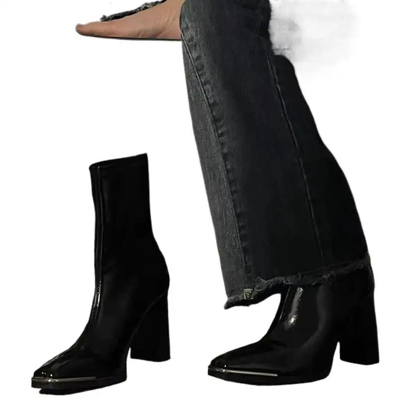 Women's Boots Patent Leather High-end Feel Short Tube High Heels Square Toe Zipper Waterproof Party Women Boots Botas Mujer