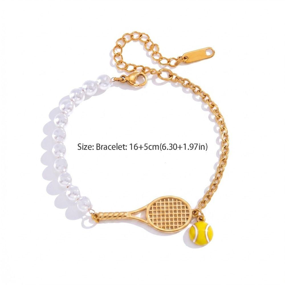 Metal Chain Tennis Racket Bracelet 18K Gold Plated Sport Style Tennis Racket Open Bangle Star Pearls Rhinestones Bracelet Girl
