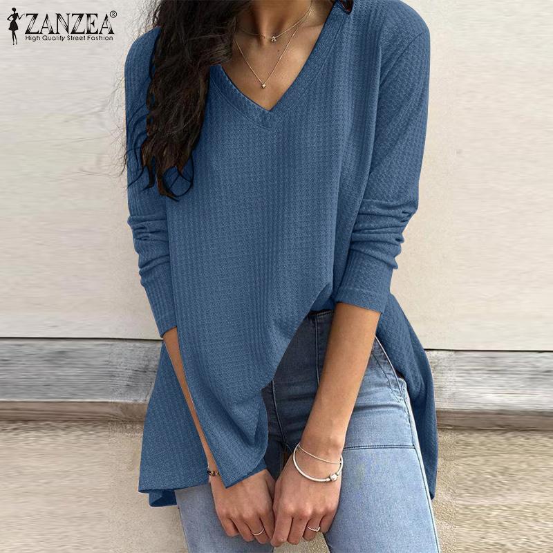 

ZANZEA Женская повседневная весенняя футболка с v-образным вырезом и длинными рукавами