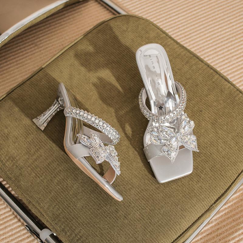 

7318 high-heeled slippers women s stiletto 2025 new crystal-heeled cool slippers rhinestone sandals with bow. 39